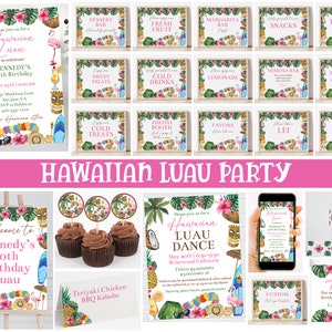 Printable Hawaiian Luau Party Decorations, Luau Birthday Graduation Anniversary Bridal Baby Shower, Tropical Hawaiian Party, Corjl, HLDA