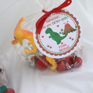 Puede incluir: Una bolsa de golosinas para el D&iacute;a de San Valent&iacute;n con una etiqueta roja, blanca y marr&oacute;n con tem&aacute;tica de dinosaurios que dice "Valentine, you are DINO-mite. From, Michael". La bolsa contiene caramelos de chocolate rojos y amarillos y un peque&ntilde;o juguete de dinosaurio amarillo.