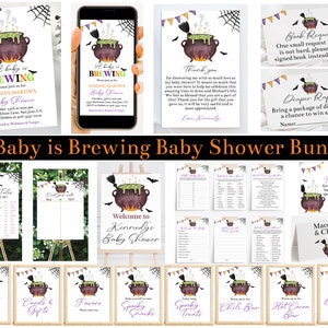 Printable A Baby is Brewing Baby Shower Bundle, Editable Halloween Baby Shower Invitation and Decor, Witches Cauldron Baby, Corjl, BBWB