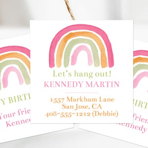 Regenbogen Visitenkarten Kinder-Telefonkarten Playdate Karten Kinder Geschenkanhänger Printable Mädchen Telefonkarten Lagerkarten Corjl bearbeitbare Vorlage Boho