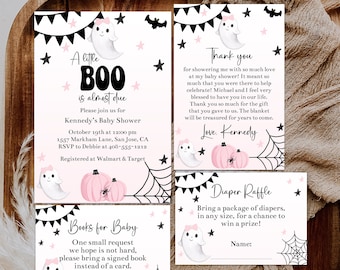 A Little Boo is Almost Due | Halloween Baby Shower Invitation Set | Diaper Raffle | Book Request | Thank You Card | Corjl | Printable | HEBP