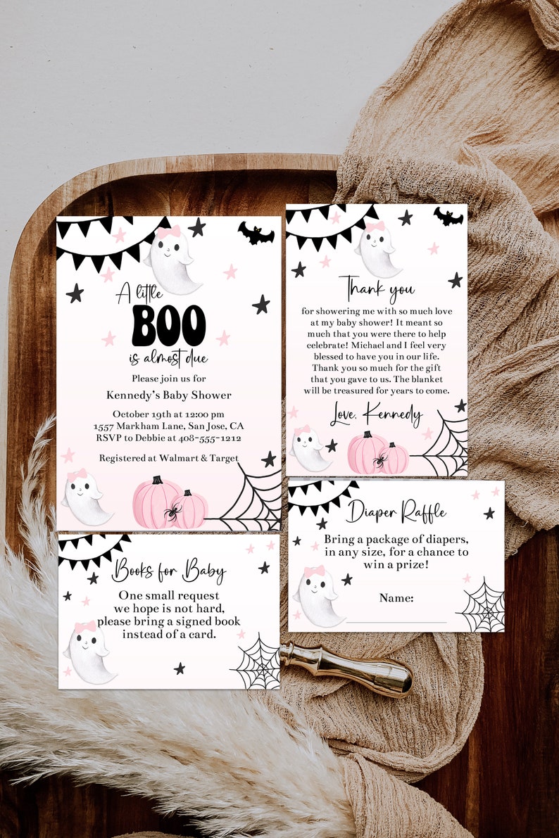 May include: Baby shower invitations and cards with a Halloween theme. The invitations feature a ghost, pink pumpkins, and the text "A little Boo is almost due." Includes a thank you card and a diaper raffle card.