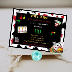 May include: Casino themed birthday party invitation with a black background and red, white, and black playing card symbols. The text reads "Here's the Deal! Join us for casino night Mike Lancaster is turning 60 September 17th 7:00 pm - 11:00 pm The Murphy Home 1234 Casino Royale St, Casino, CA RSVP to Meredith @ 408-555-1212".