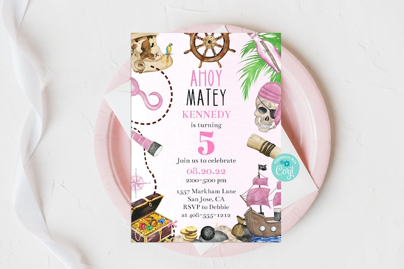 May include: A pink and white birthday invitation with a pirate theme. The invitation says "Ahoy Matey Kennedy is turning 5." It includes a pink pirate ship, a treasure chest, a skull and crossbones, a compass, a telescope, and a parrot.