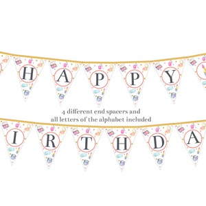 May include: A white and gold banner with the words "Happy Birthday" spelled out in black letters. The banner is decorated with images of makeup and beauty products.