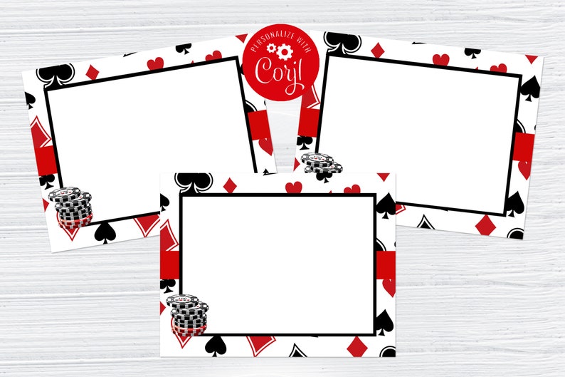 May include: Three printable photo booth frames with a white background and a red, black, and white playing card pattern border. The text "PERSONALIZE WITH Cory!" is on the top frame.