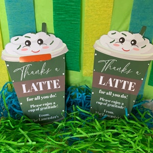 Modello modificabile per porta biglietti regalo "Thanks A Latte" per caffè, modello stampabile per ringraziare gli insegnanti, regalo per insegnanti, regalo di ringraziamento per il caffè, Corjl