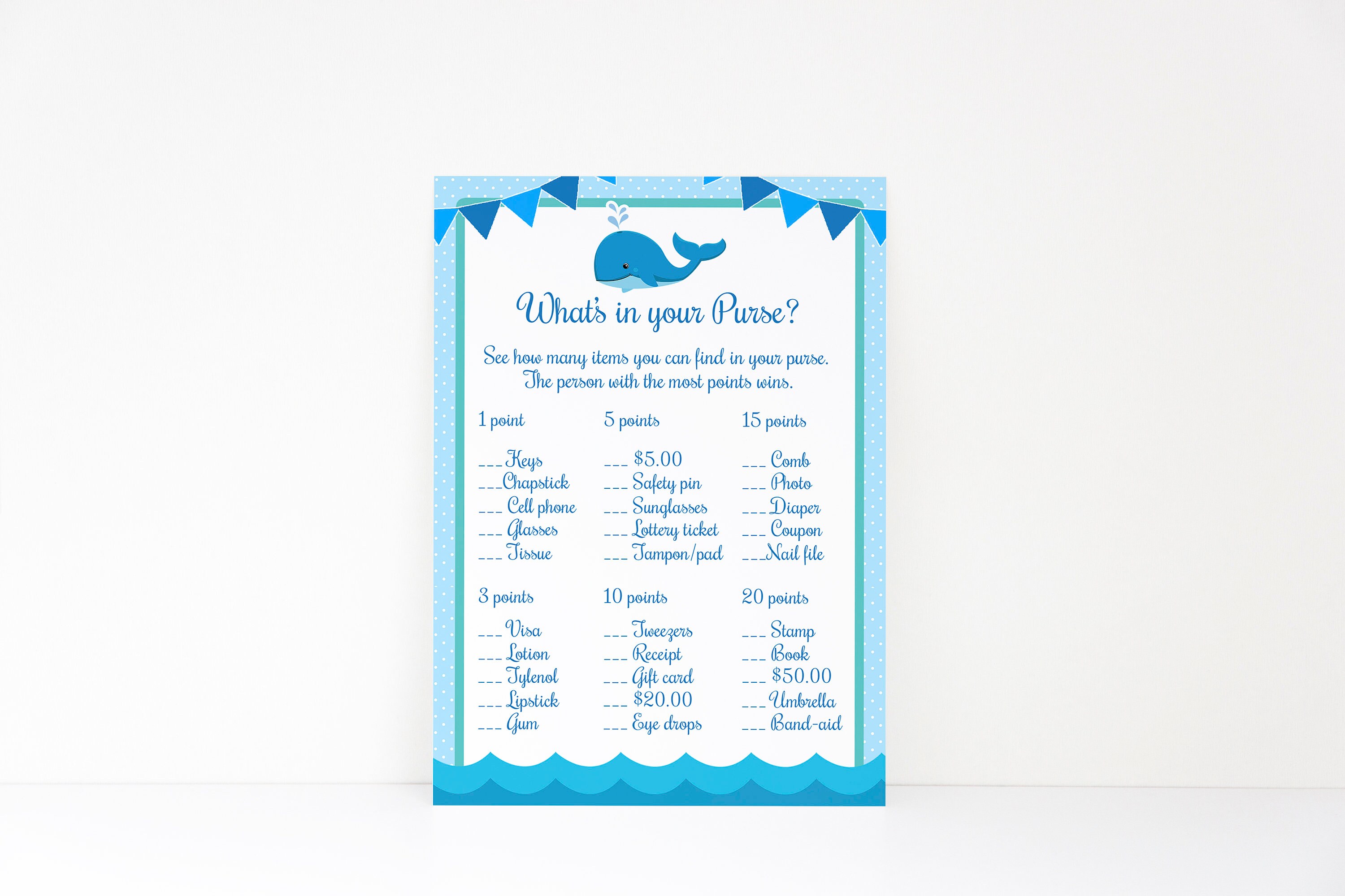 What S In Your Purse Whale Baby Shower Baby Shower Game Etsy What S In Your Purse Whale Baby Shower Baby Shower Game Etsy