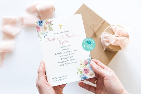 Editable Twins Baptism Invitation Template, Baptism Invite, Floral, Pink and Blue Flowers, Printable, Corjl, Boy and Girl Instant, PBBA Il_570xn