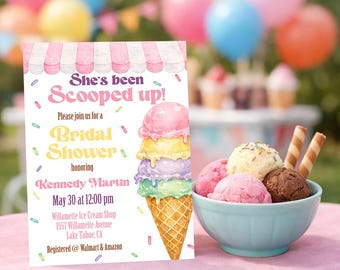 Invitación de despedida de soltera con helado, "Ella ha sido recogida", plantilla de Canva (descarga digital)