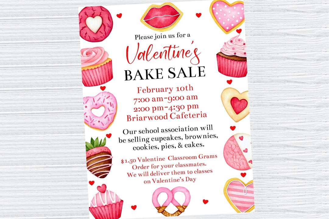 Editable Valentine's Day Bake Sale Flyer Template, Printable School