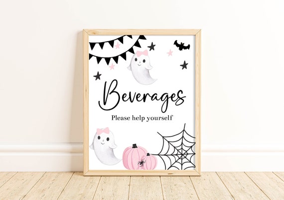 Hey Boo Pink Ghost Beverage Sign Halloween Birthday Party Decorations Halloween Party Drinks Sign Pastel Pink Baby Shower Printable HEBP Il_570xn