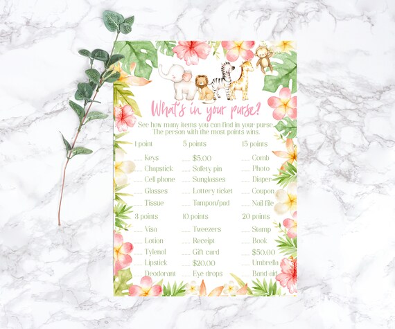 What's in your purse, Jungle Baby Shower, Safari Baby Shower, Jungle Animals, Safari Animals, Tropical, Baby Shower Game, Purse Game, JSBS Il_570xn