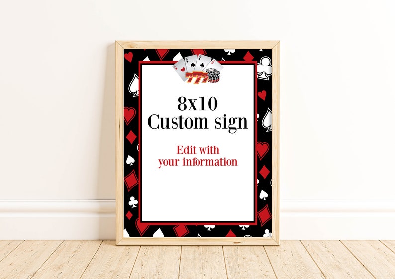 Puede incluir: Un cartel personalizado imprimible de 20,3 x 25,4 cm con fondo negro y s&iacute;mbolos de cartas de juego rojas y blancas. El texto en el cartel dice "8x10 Custom sign Edit with your information".
