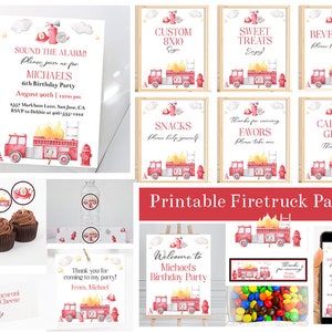 Firetruck Birthday Party Bundle, Editable Fireman Party Set, Fire Truck Birthday Party Invitation and Decorations, Firefighter, Corjl FWBP image 1