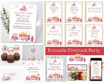 Firetruck Birthday Party Bundle, Editable Fireman Party Set, Fire Truck Birthday Party Invitation and Decorations, Firefighter, Corjl FWBP