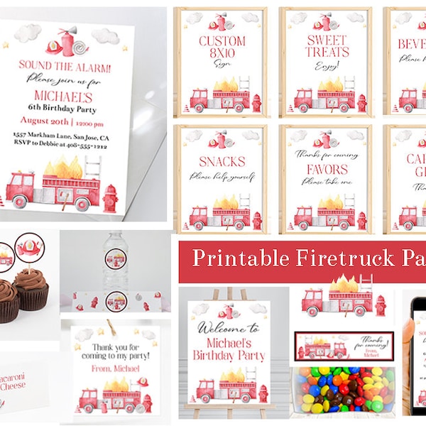 Firetruck Birthday Party Bundle, Editable Fireman Party Set, Fire Truck Birthday Party Invitation and Decorations, Firefighter, Corjl FWBP