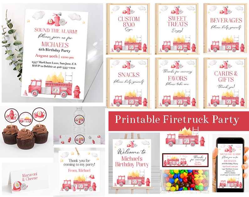 Firetruck Birthday Party Bundle, Editable Fireman Party Set, Fire Truck Birthday Party Invitation and Decorations, Firefighter, Corjl FWBP image 1