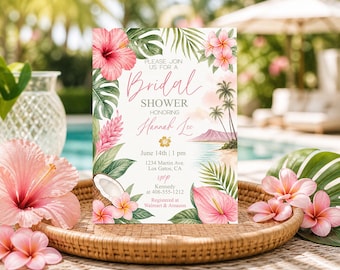 Tropische hawaiianische Brautparty-Einladungsvorlage, bearbeitbare Canva einladen, Hibiskus-Palmenblatt-Luau-Dusche, Strand-Braut einladen