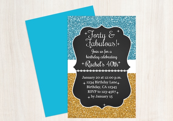 40 and Fabulous Birthday Invitation, Forty and Fabulous, 40th Birthday Invitation, Blue Gold Glitter Invitation, 40th Invitation, #103 Il_570xn