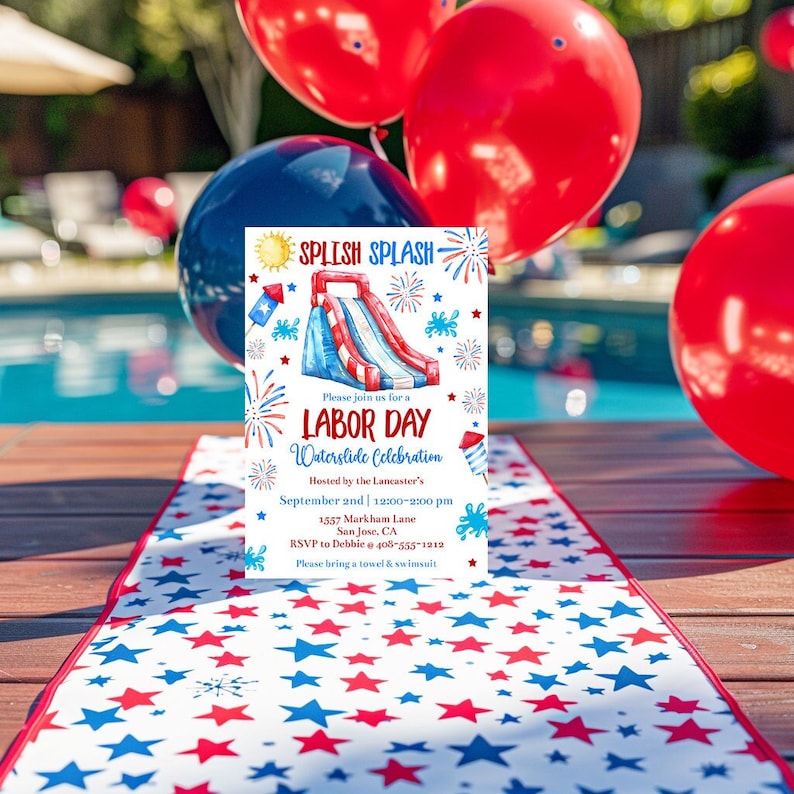 May include: A Labor Day waterside celebration invitation with a red, white, and blue theme. The invitation features a watercolor illustration of a waterslide, fireworks, and the text "SPLISH SPLASH". Red and blue balloons are in the background.