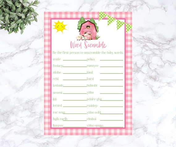 Baby Word Scramble Word Scramble Game Farm Baby Shower Baby Shower Games Pink Farm Pink Barn Girl Baby Shower Instant Download Pfbs By Sweet Party Wishes Catch My Party