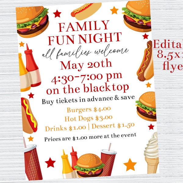 Editable Family Fun Night Flyer Template School Event Dinner Flyer Burgers Hot Dogs Flyer School Flyer Printable Church Sign Corjl BUDG