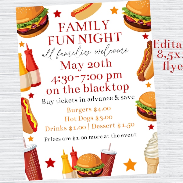 Editable Family Fun Night Flyer Template School Event Dinner Flyer Burgers Hot Dogs Flyer School Flyer Printable Church Sign Corjl BUDG