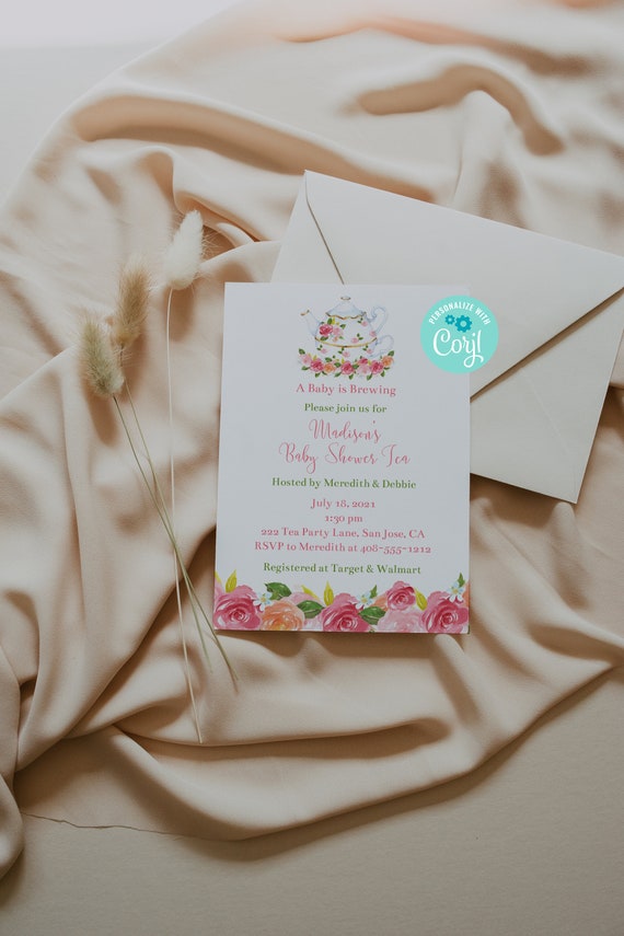 Editable Tea Party Baby Shower Invitation, A Baby is Brewing, Invitation Template, Baby Shower, Corjl, Printable, Tea Party Invite, ABIB Il_570xn