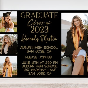 Editable Class of 2024 Graduation Party Photo Announcement Template, Grad Party Invitation, Black and Gold 6x4 and 7x5, Corjl, #2525