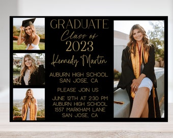 Editable Class of 2023 Graduation Party Photo Announcement Template, Grad Party Invitation, Black and Gold 6x4 and 7x5, Corjl, #2525