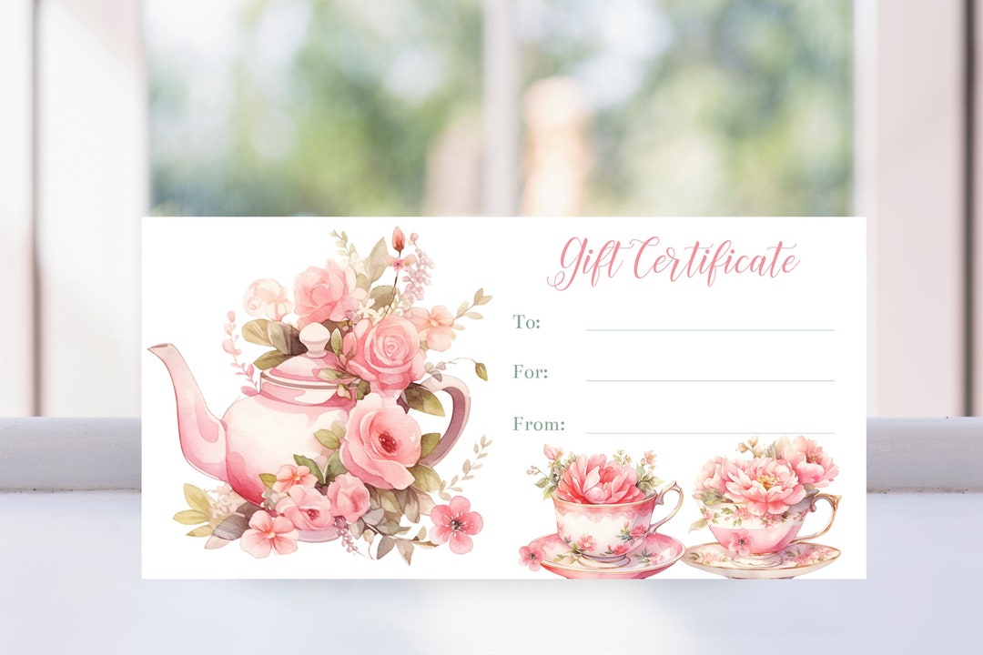 Printable Tea Gift Certificate Template, Tea Pot and Tea Cups Gift
