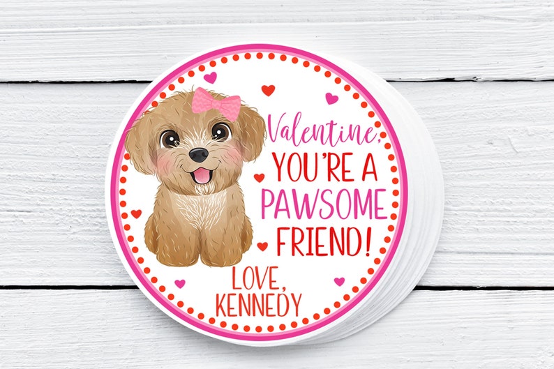 Puppy Valentine Tags, Dog Valentines for Kids School, Classroom Valentines, Animal Tag For Kids Valentines, Valentine's Day Gifts, Pawsome image 1