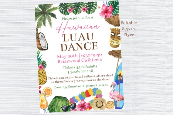 Editable Hawaiian Luau Dance Flyer Template, School Dance Flyer, Luau Party Flyer, Tropical Dance Flyer, Tropical Luau Dinner, Corjl, HLDA Il_570xn