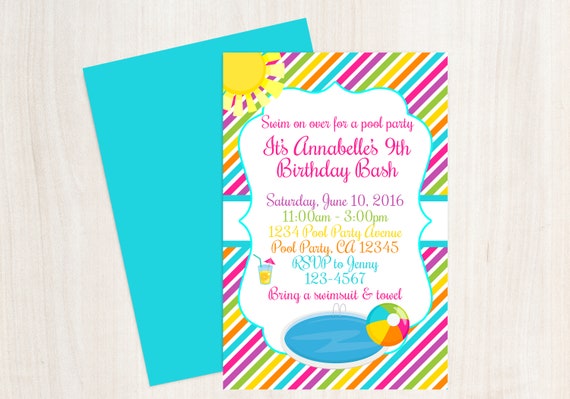 pool party birthday invitation girls beach party invitation etsy