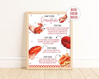 May include: A white printable poster with red text and black dots. The poster has a red crawfish illustration and instructions on how to peel a crawfish. The text reads "How to Peel Cranfish" and includes four steps with illustrations. The poster is available in three sizes: 8x10, 24x36, and 36x24.