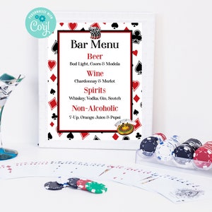 May include: A framed bar menu with a playing card theme. The menu lists beer, wine, spirits, and non-alcoholic drinks. The frame is surrounded by playing cards with red and black suits.