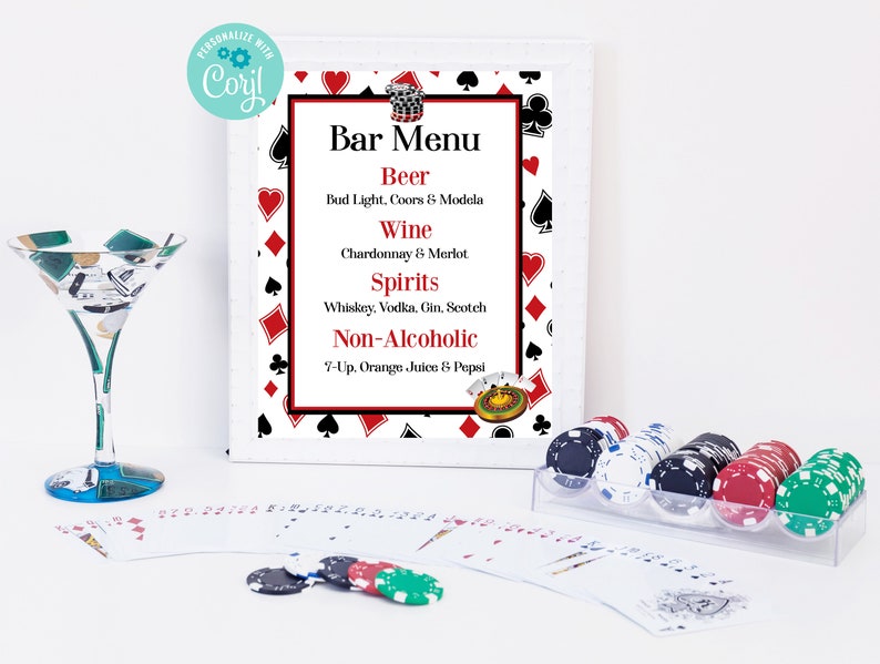 May include: A framed bar menu with a playing card theme. The menu lists beer, wine, spirits, and non-alcoholic drinks. The frame is surrounded by playing cards with red and black suits.