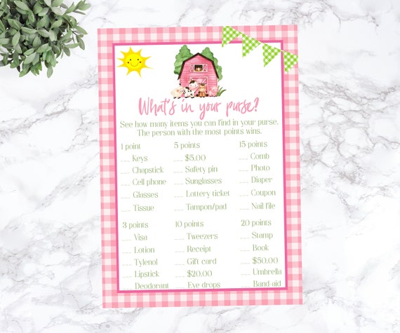 What's in your purse, Pink Farm Baby Shower, Farm Animals, Baby Shower Game, Purse Game, Pink Barn, Pink Barnyard, Instant Download, PFBS Il_570xn