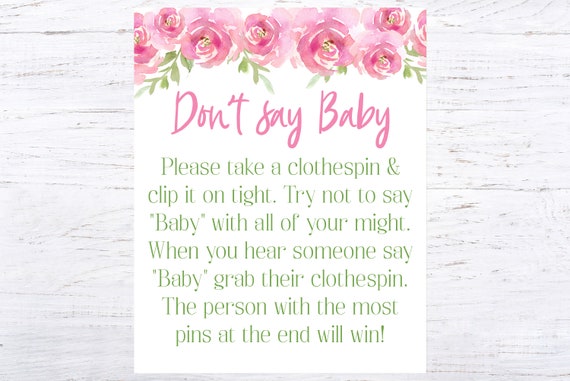Floral Baby Shower, Don't Say Baby, Clothespin Game, Garden Baby Shower, Pink Roses, Baby Shower Games, Digital Download, Shower Sign, PGBS Il_570xn