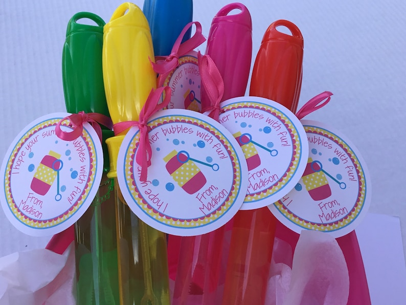 May include: A set of five colorful bubble wands with attached tags that read "I hope your summer is full of bubbles with fun!" and "From, Madison".