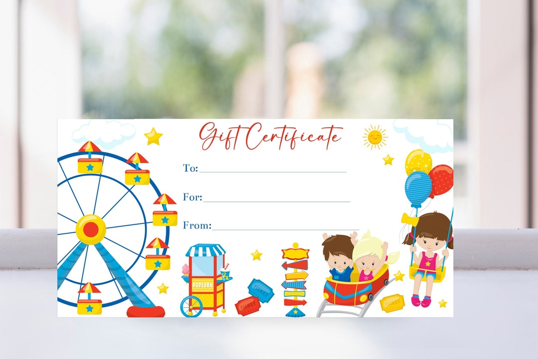Printable Amusement Park Gift Certificate Voucher Template, Editable