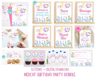 Può includere: Un pacchetto di download digitale per una festa di compleanno a tema sirenetta. Il pacchetto include 12 articoli stampabili, tra cui inviti, biglietti di ringraziamento, topper per cupcake, etichette per bottiglie d'acqua, etichette per i favori e cartelli per un bar dei dolci, favori e bevande. Il design presenta un'illustrazione ad acquerello di un gatto sirena con colori rosa, blu e verde.