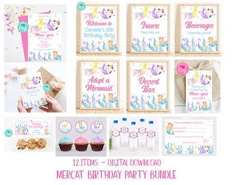 Cat Mermaid Birthday Party Bundle Templates, Mercat Party, Mermaid Cat Invitation, Thank You Card, Cupcake Toppers, Corjl, Printable, MCBP