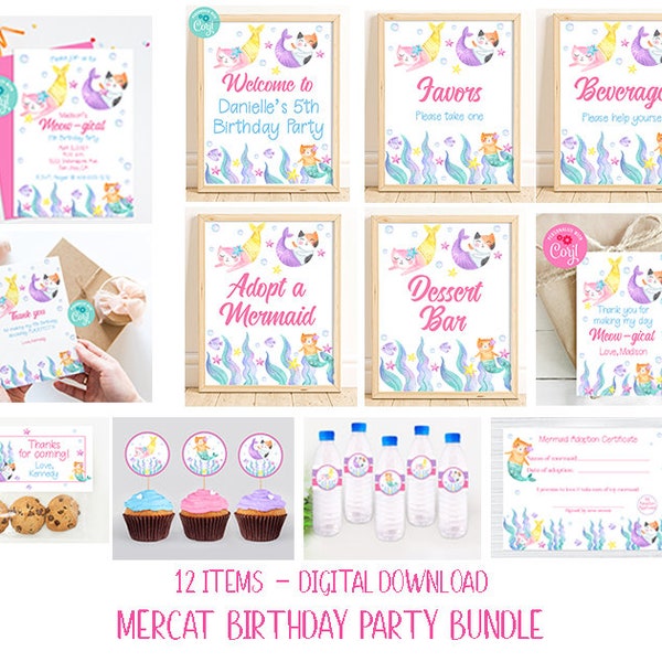 Cat Mermaid Birthday Party Bundle Templates, Mercat Party, Mermaid Cat Invitation, Thank You Card, Cupcake Toppers, Corjl, Printable, MCBP