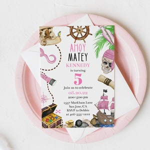 May include: Ahoy Matey Kennedy is turning 5 birthday party invitation with a pink and brown pirate ship, a treasure chest, a skull and crossbones, a compass, a telescope, and a parrot on a white background.
