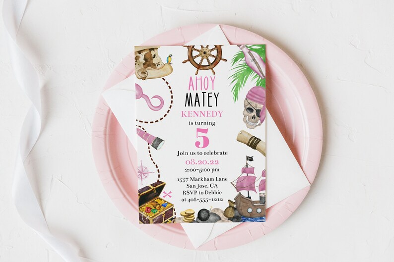 May include: Ahoy Matey Kennedy is turning 5 birthday party invitation with a pink and brown pirate ship, a treasure chest, a skull and crossbones, a compass, a telescope, and a parrot on a white background.