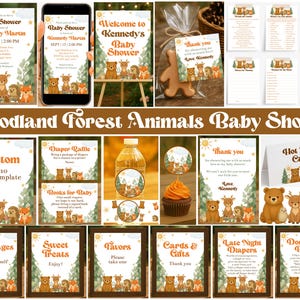 Woodland Baby Shower Bundle, Editable Forest Animals Baby Shower Set, Printable Invitation Baby Shower Decorations Games Signs Tag, Corjl