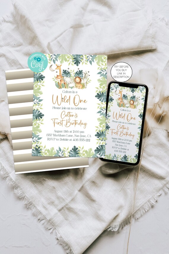 Wild One 1st Birthday Invitation Template, Safari 1st Birthday Party, Jungle First Birthday, Wild One Birthday, Printable, Corjl, WION Il_570xn