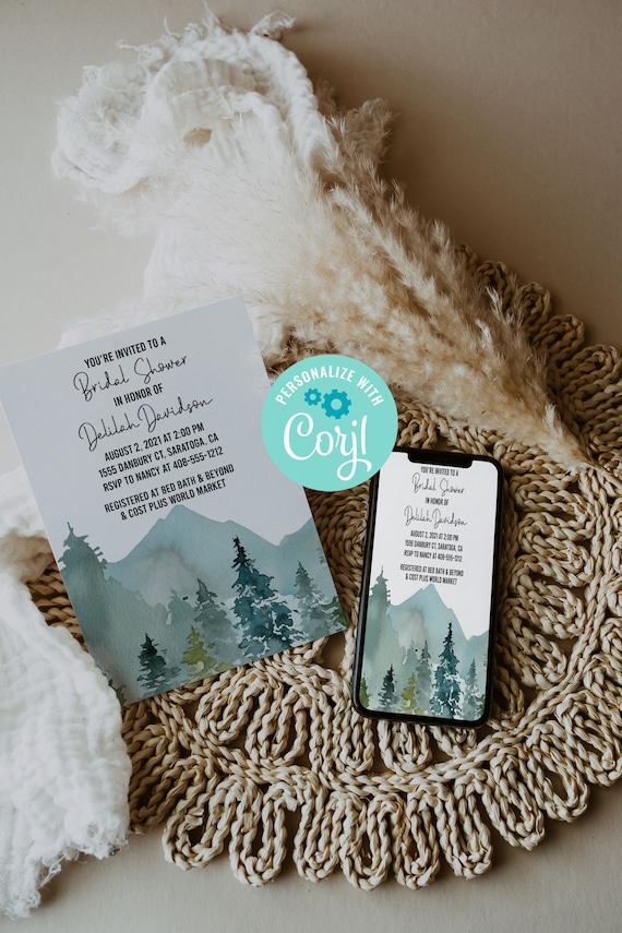 Editable Forest Bridal Shower Invitation, Mountain Wedding, Pine Cone